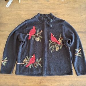 Sarah Bentley Zip Cardigan Christmas Bird Sweater Vintage Ramie Cotton sz L